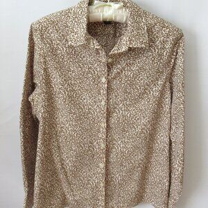 Lands' End brown pink animal print no iron button front long slv shirt *Sz 10P*